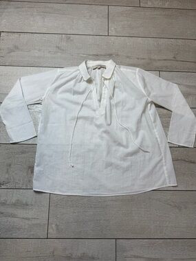 LOFT White Sheer Stripe Blouse XS – Tie Neck Lightweight Boho Top
